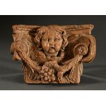 Baroque oak capital with cherub head and fruit and flower garland, 22.5x15x6.5cm, old wormholes
