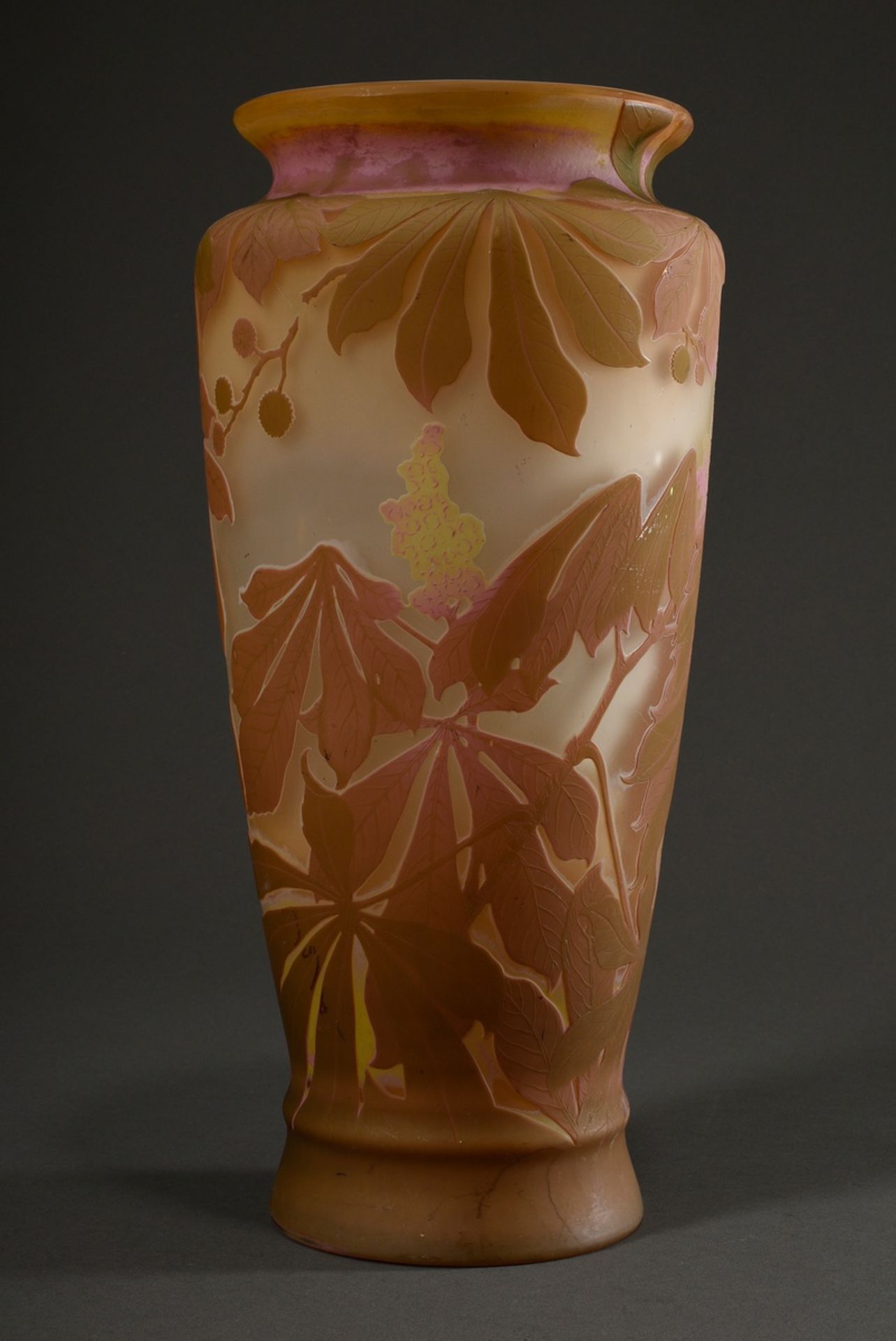 Very large Art Nouveau Gallé vase in conical baluster shape with rosé-light brown overlay and "ches - Image 3 of 6