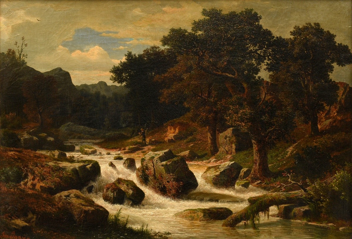 Jansen, Johann Joseph (1829-1905) "Fisherman at the rapids" 1855, oil/canvas, sign./dat. lower righ