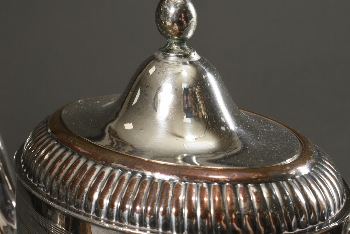 Oval silver-plated coffee pot with grooved shoulder and striped frieze on a high foot with light br - Image 4 of 6
