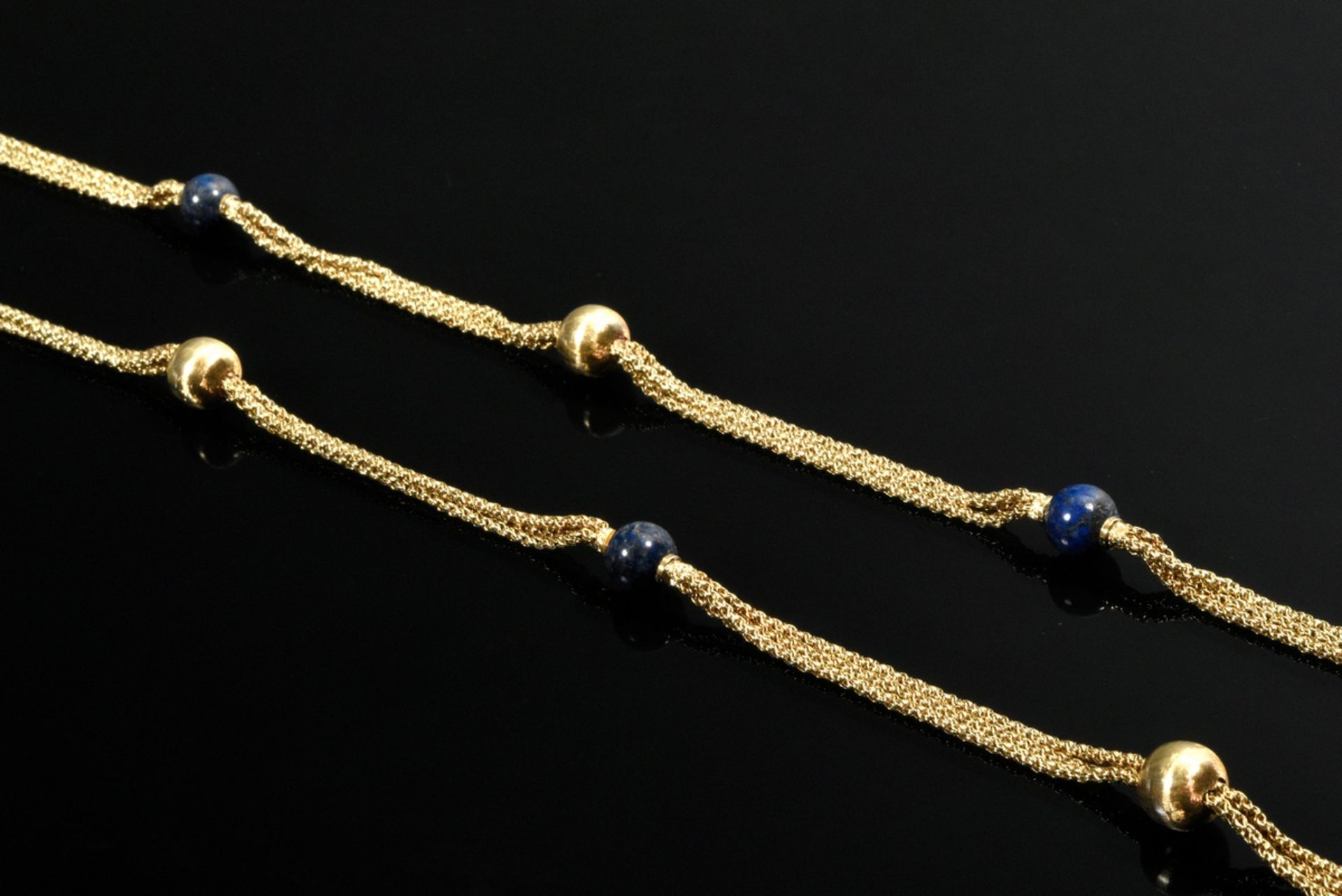 Endlose dreireihige Gelbgold 585 Kette mit gerieften Goldkugeln und Lapislazuli Perlen, 59g, L. 90c - Bild 2 aus 2