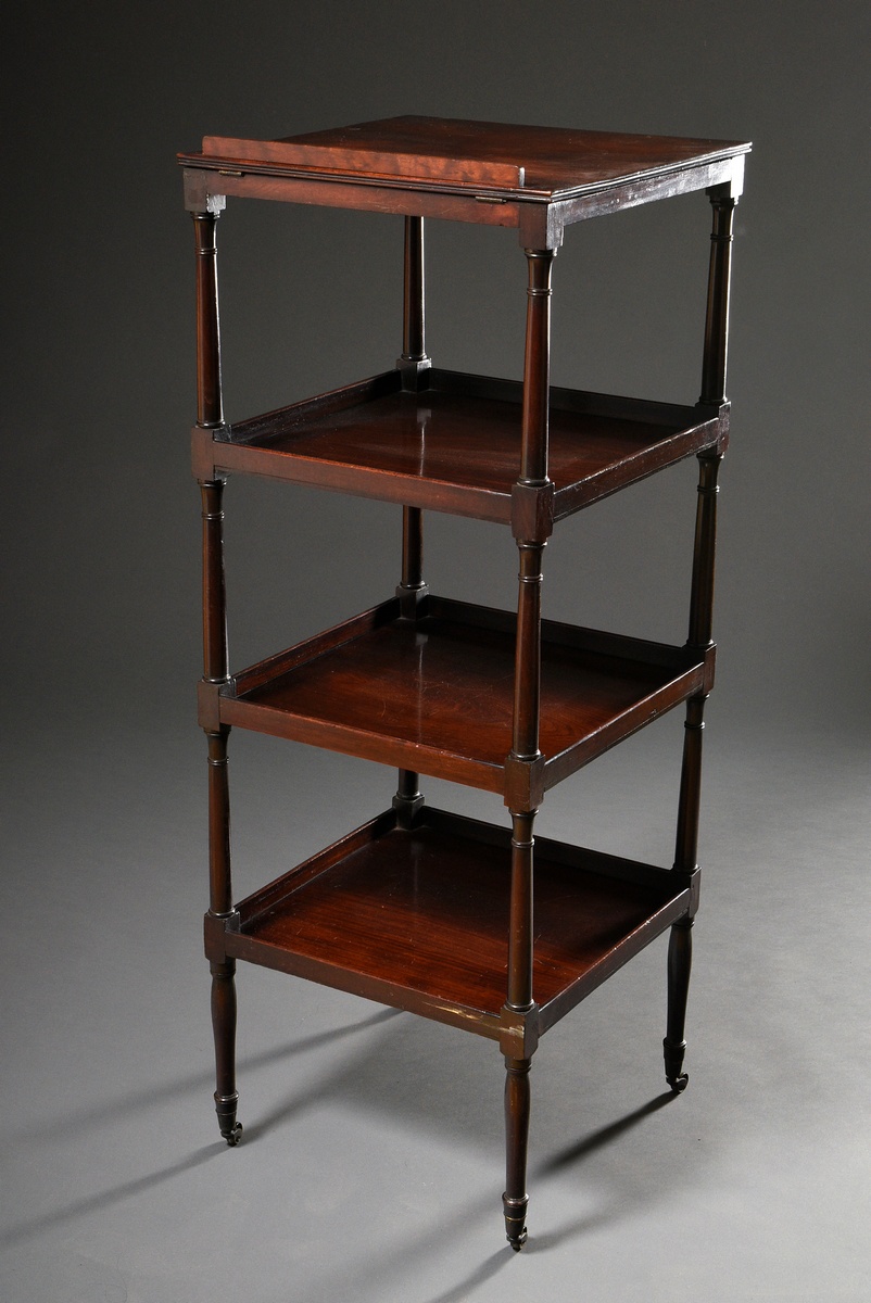 Decorative mahogany etagere on turned columns with castors and 4 shelves as well as an openable boo - Image 2 of 4