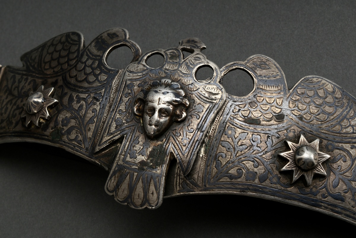 Leather belt with Caucasian double-bird buckle and ornamental tendril decoration in niello work, ma - Image 3 of 5
