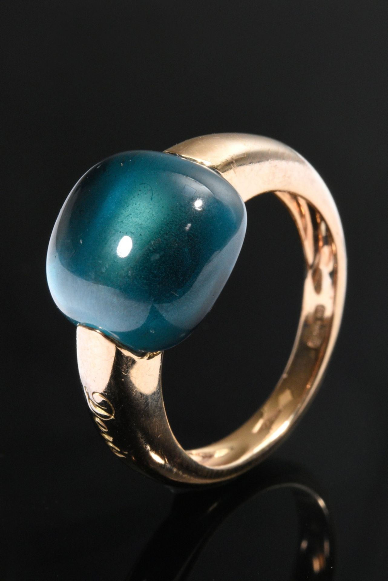 Doris Gioielli Roségold 750 Ring mit Blue London Topas Cabochon (11,8x12mm), sign., 7,4g, Gr. 56