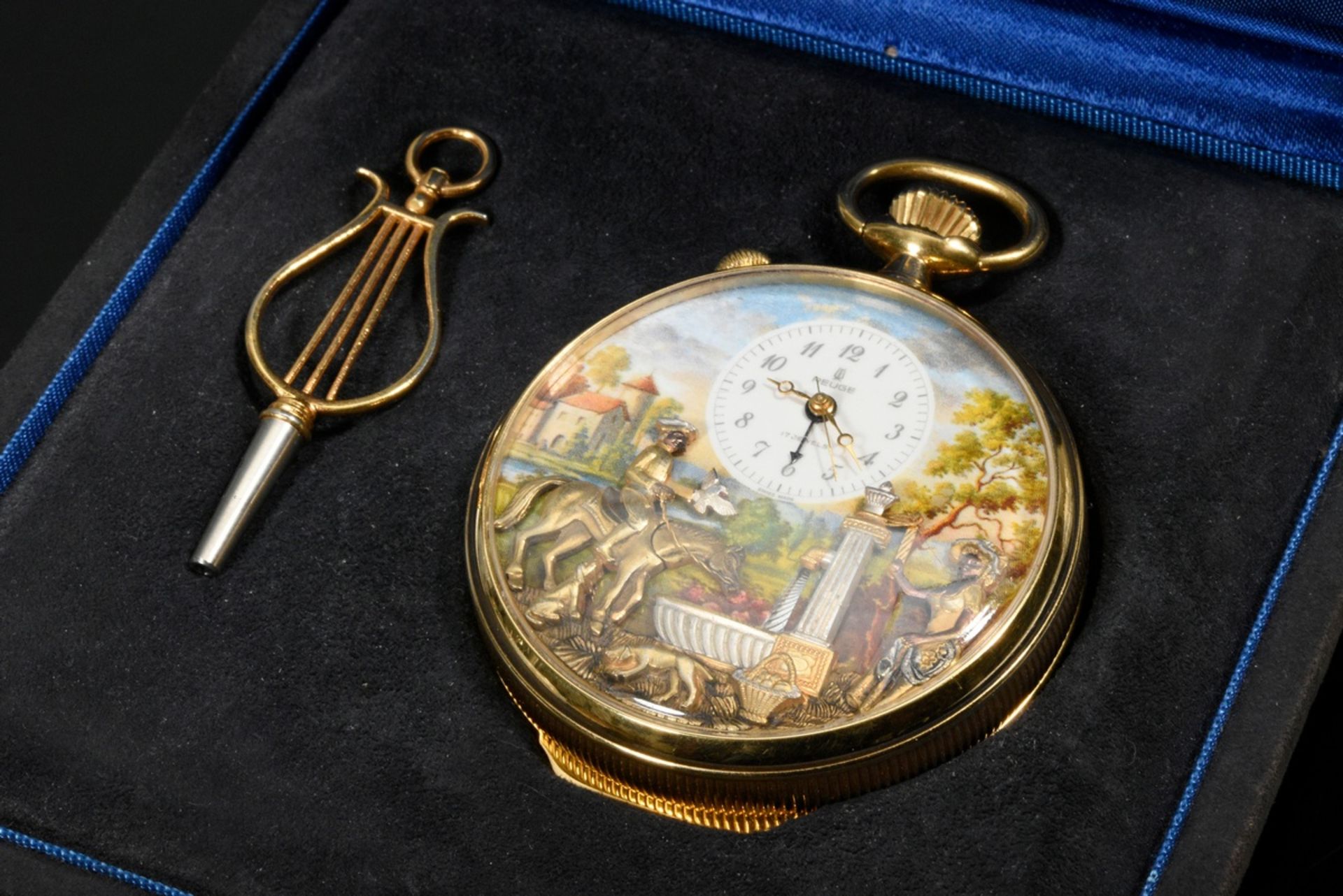 Reuge music pocket watch with alarm clock, music box and figurine automaton in silver-gilt case wit - Image 9 of 10