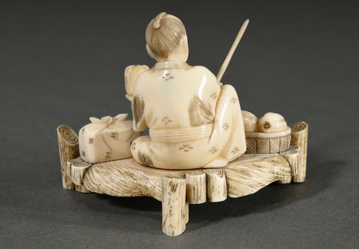 Ivory okimono ‘Chinese sage with moon lute accompanied by two drumming oni’, partially coloured bla - Image 3 of 9