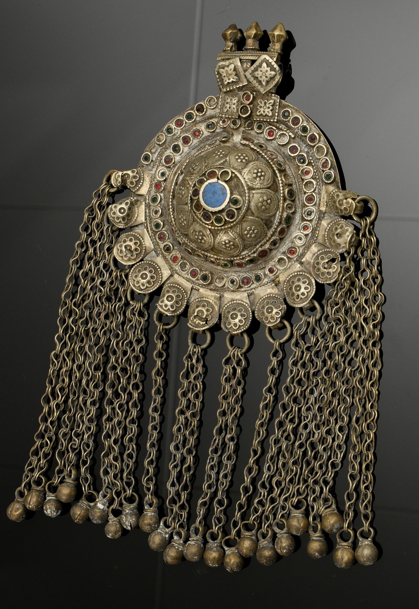 3 Various Afghan pendants: 1 mounted on fabric with stones, beads and bells and 2 domed discs with  - Image 6 of 10