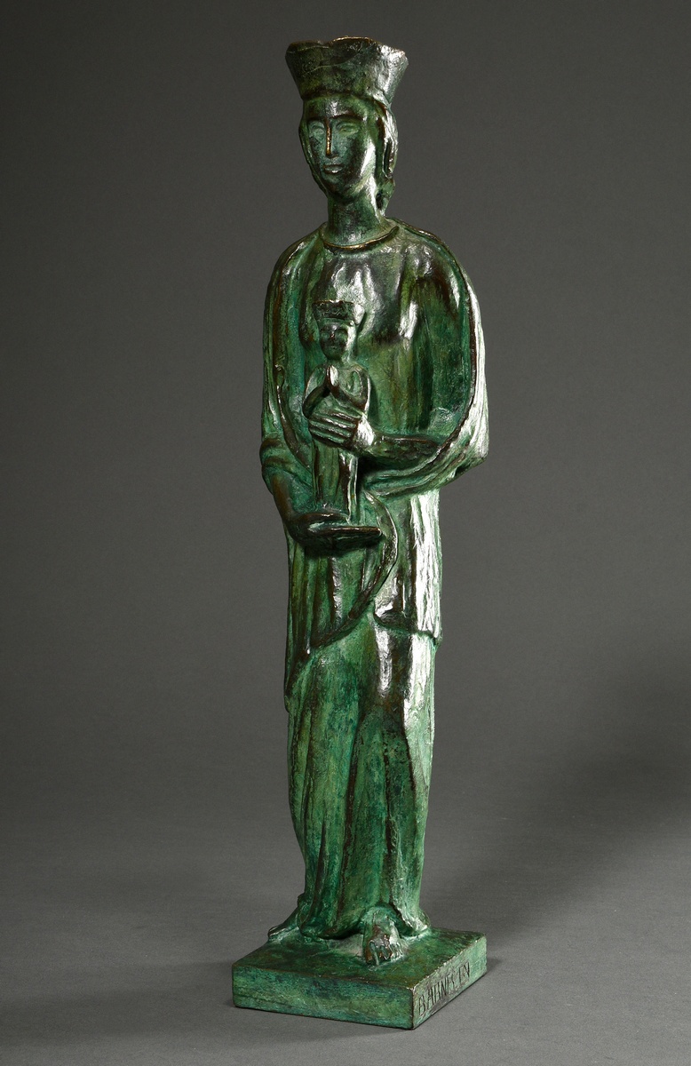 Figure of the Virgin and Child, green patinated bronze, base sign. Barnes (?), 20th century, h. 48c - Image 3 of 7