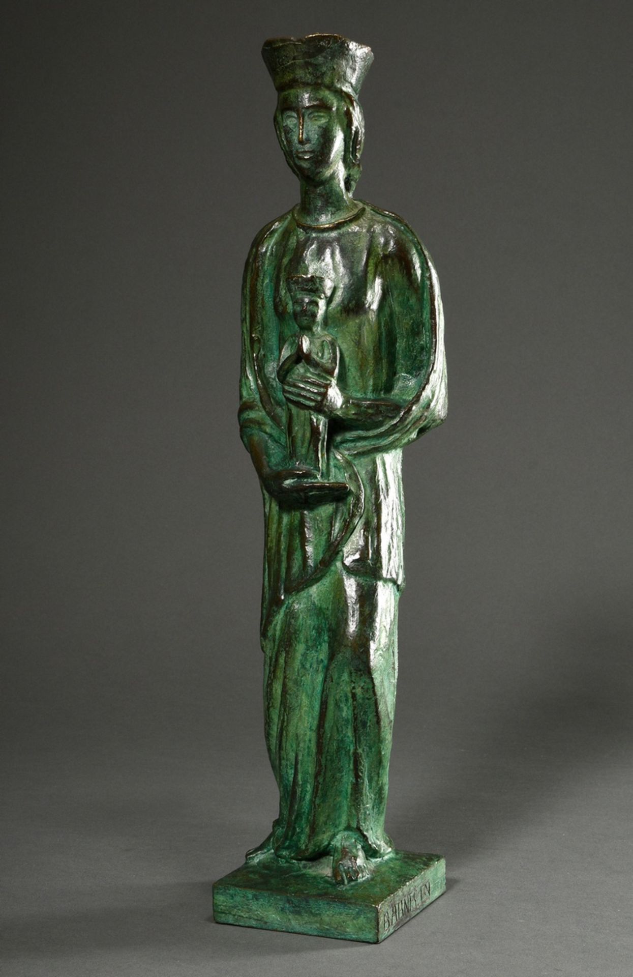 Heiligenfigur "Muttergottes mit Kind", Bronze grün patiniert, Sockel sign. Barnes (?), 20.Jh., H. 4 - Bild 3 aus 7