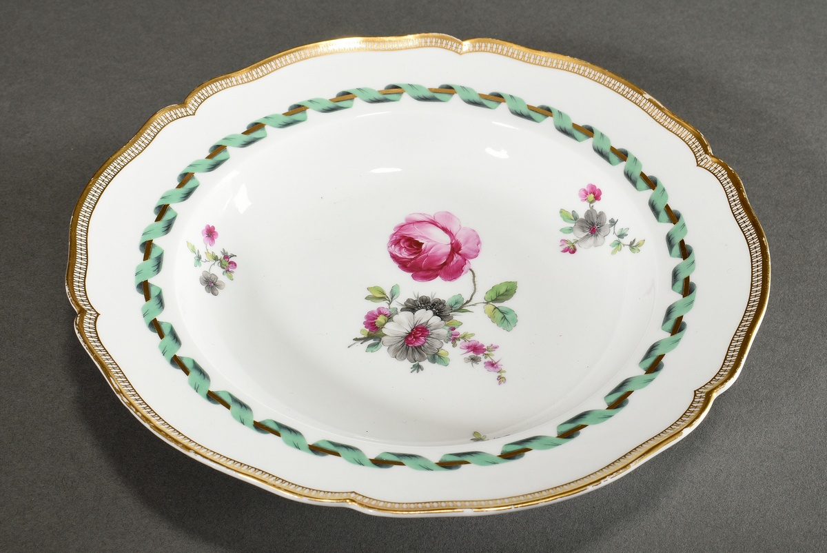 KPM soup plate with flower painting in purple, green and gray in the mirror as well as green band o - Image 2 of 4