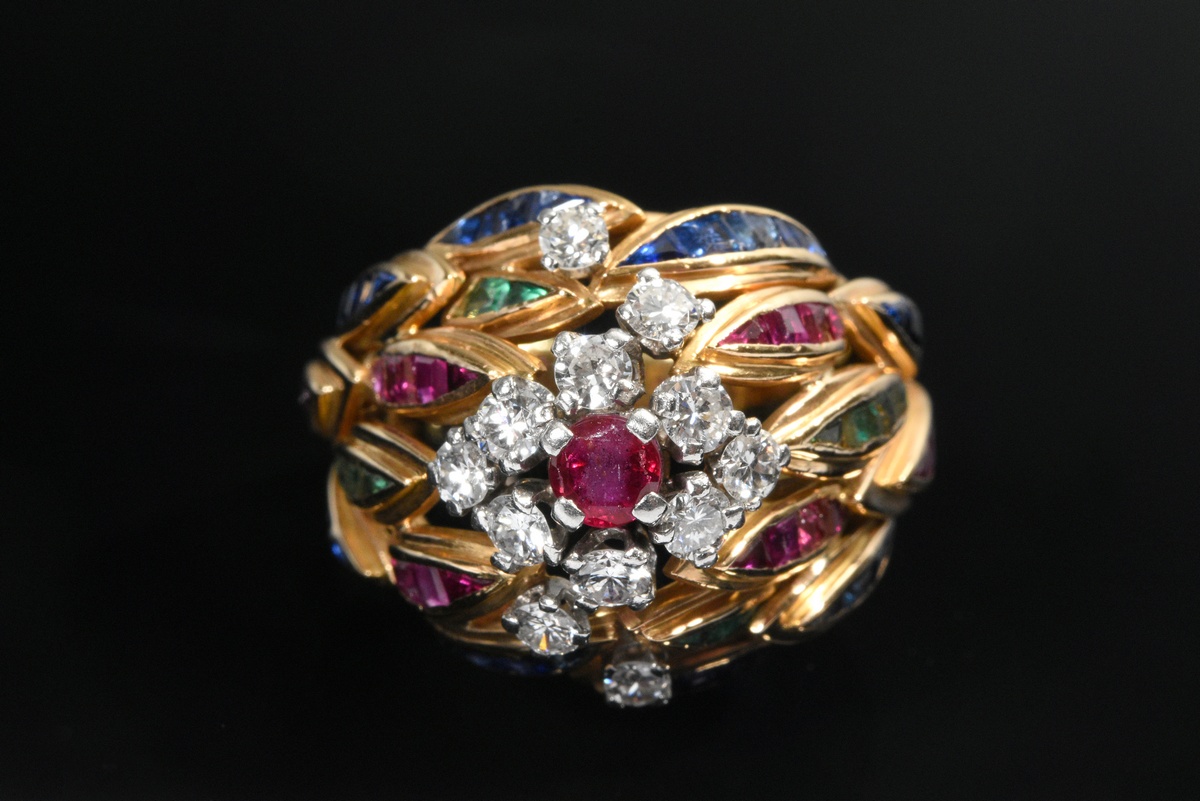 Handmade Midcentury yellow gold 585 cocktail ring with feathered ring head and alternating diamonds - Image 3 of 4