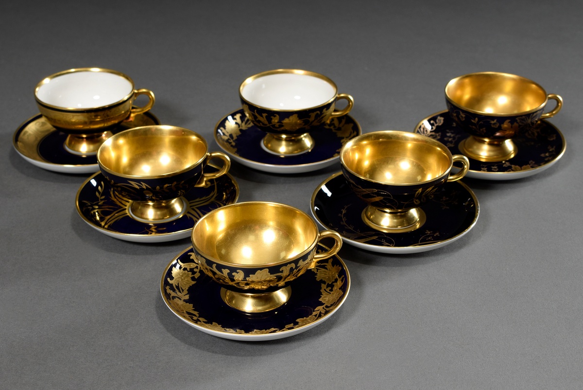 6 Various moch cups/saucers with different floral gold decorations "tendrils" on a cobalt blue back - Image 2 of 3