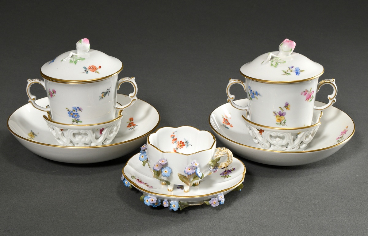 3 Pieces Meissen: Mocha cup/ saucer with relief flowers (h. 4cm, 1 blossom chip.) and 2 Trembleuse 