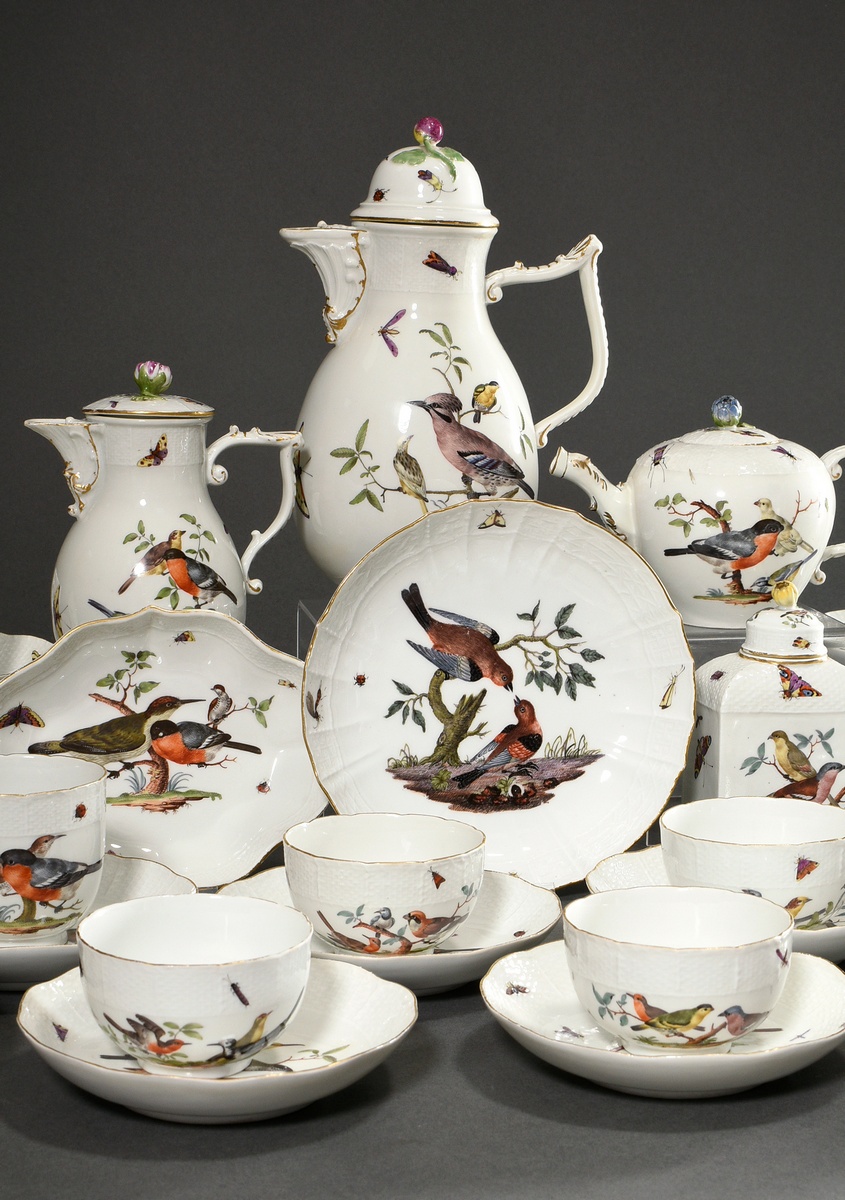 21 Pieces Meissen service with polychrome "Bird and Insects" painting on Ozier relief, c. 1750, con