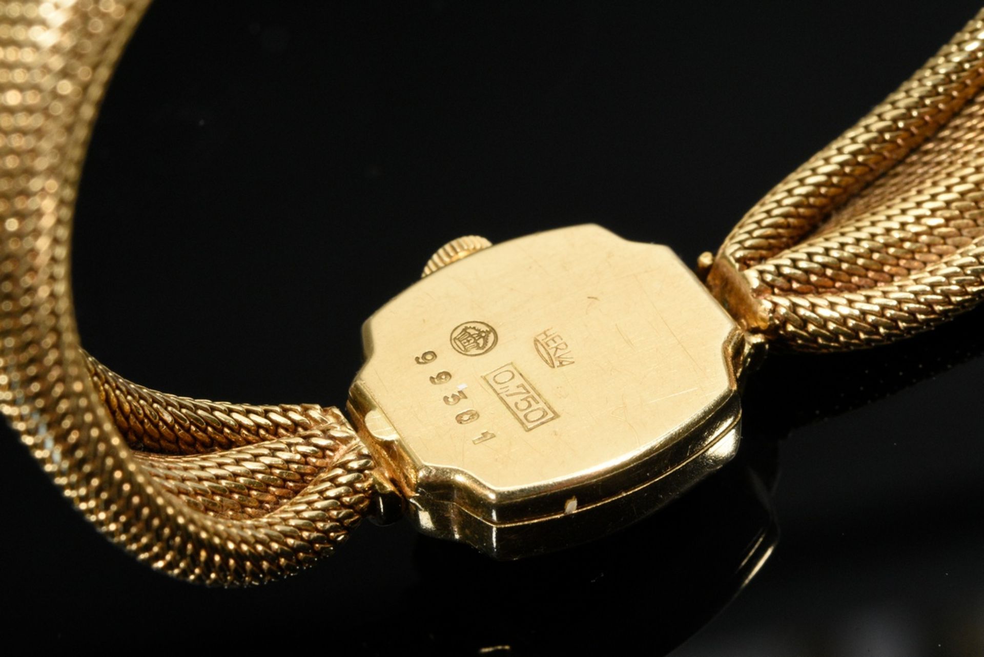 Midcentury Gelbgold 750 Ebel Damen Armbanduhr, Handaufzug, Flechtband, Schweiz, 27g, L. 17cm, gangb - Bild 3 aus 4
