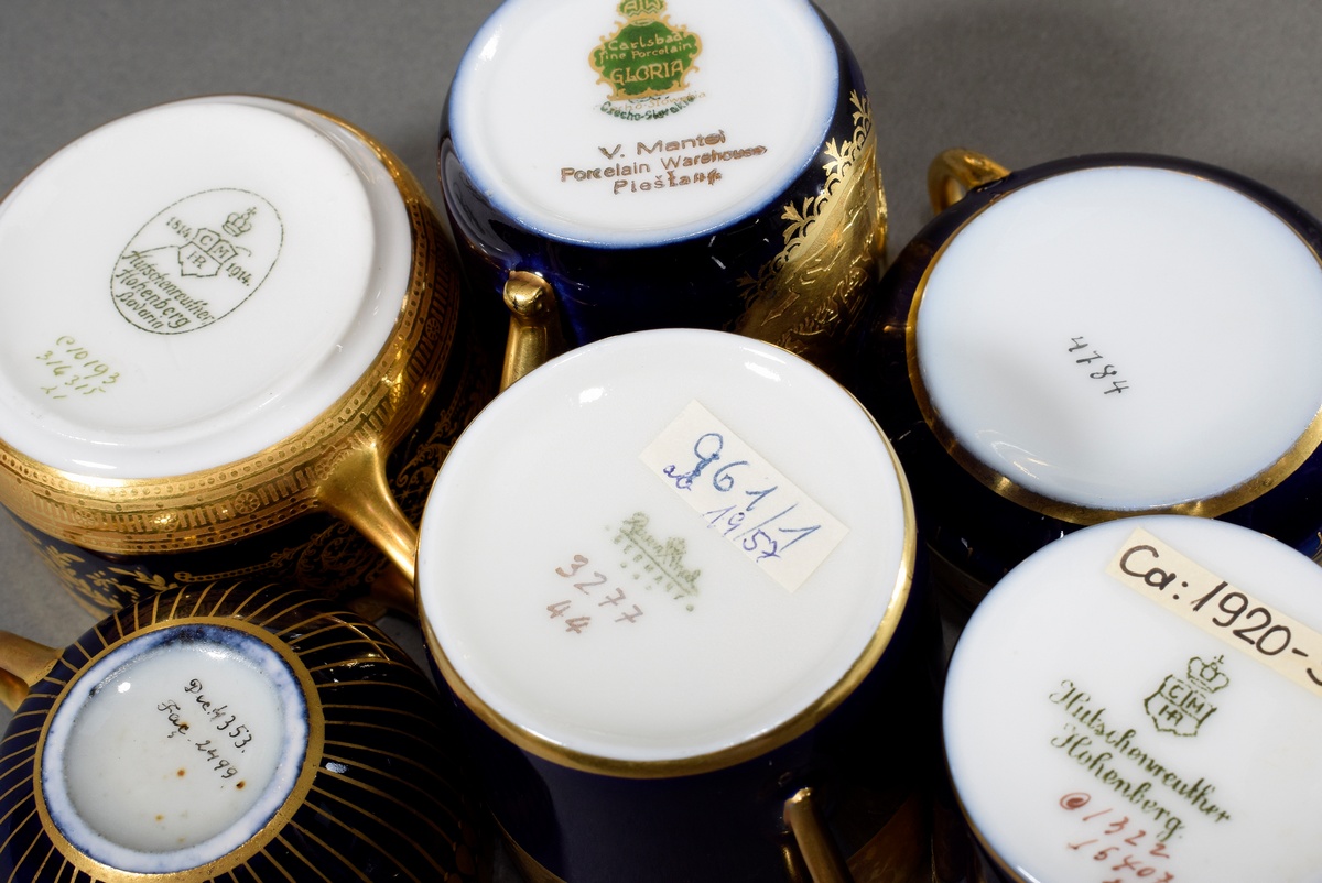 6 Various moch cups/saucers with different ornamental relief gold decorations on a cobalt blue back - Image 3 of 3