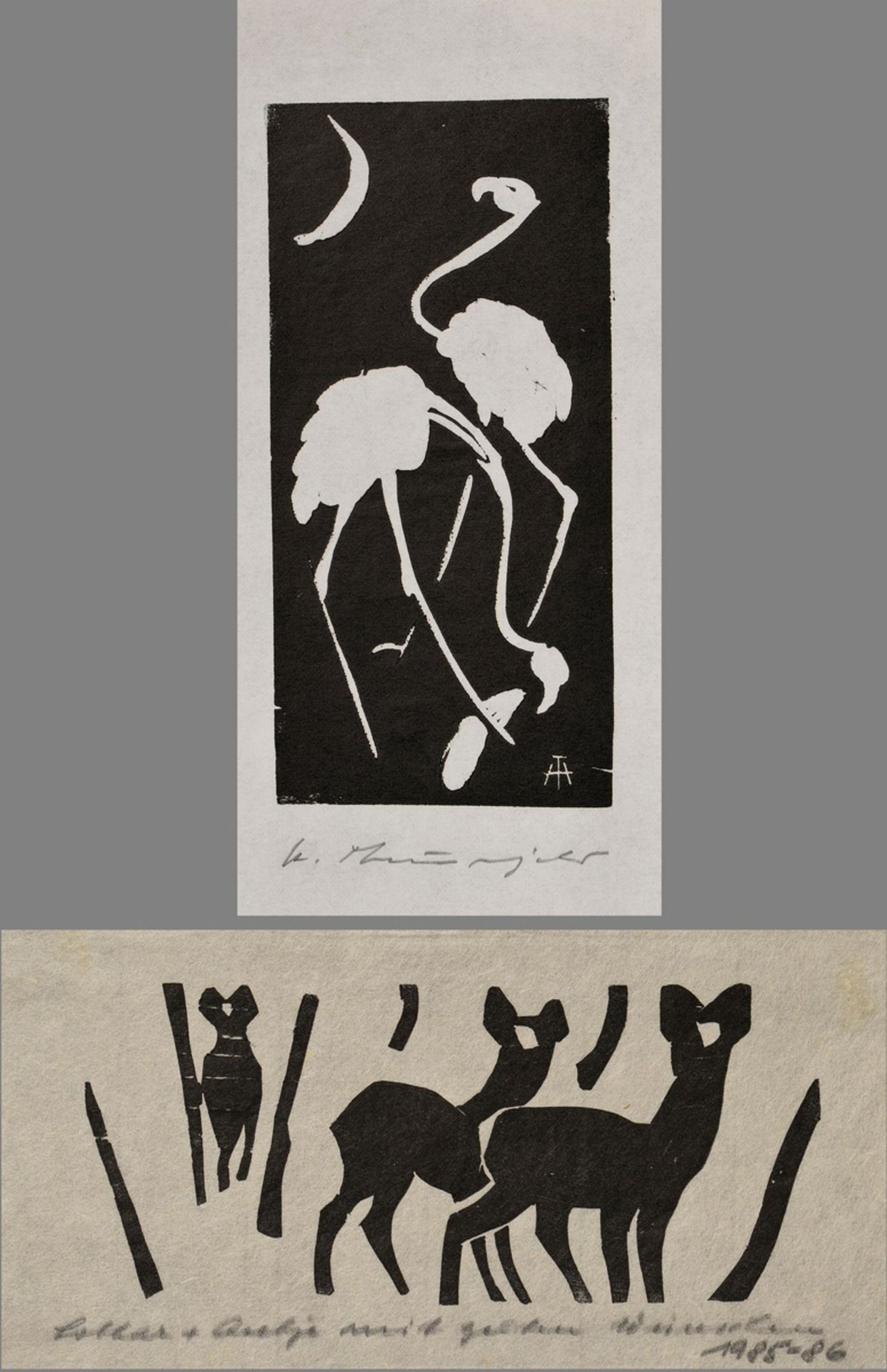 2 Theuerjahr, Heinz (1913-1991) 'Roe Deer in the Forest' and '2 Flamingos' 1978/around 1958, woodcu