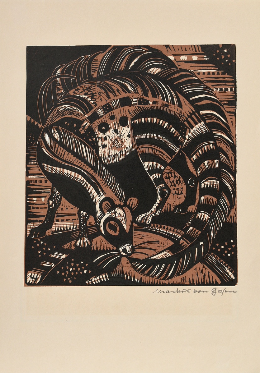 Gosen, Markus von (1913-2004) 'Mythical creature (?)', colour woodcut, mounted on paper, sign. b.r. - Image 2 of 3