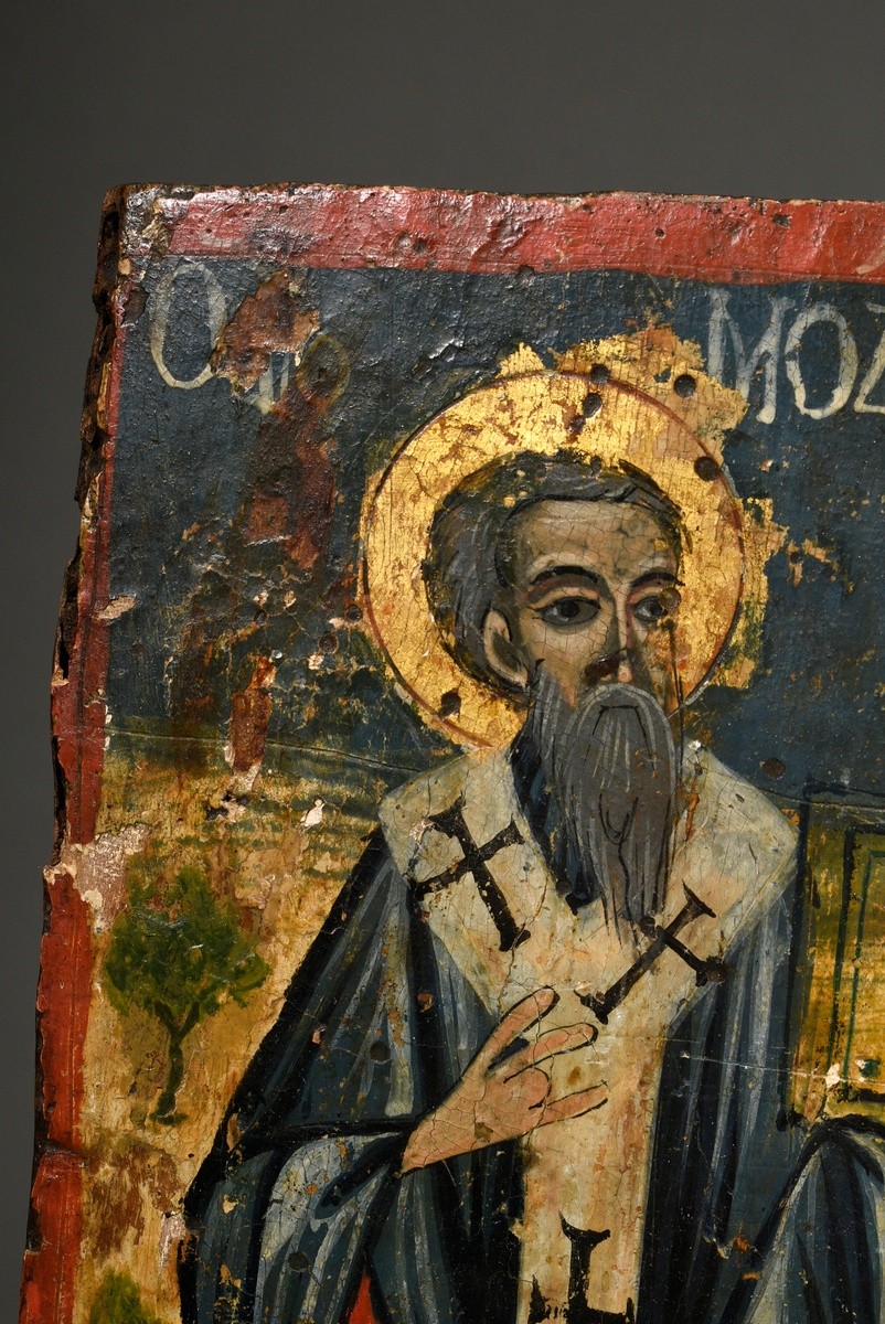 Griechische Ikone "Sechs Heilige", Anfang 19.Jh., Eitempera/Kreidegrund auf Holz, 43x28cm, Alterssp - Bild 4 aus 9