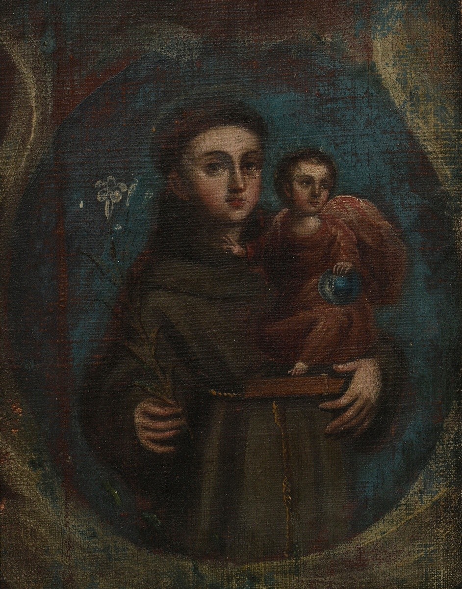 4 Small South American paintings of saints "Saint Anthony, Saint Bernadino of Sienna, Saint Thomas  - Image 6 of 10