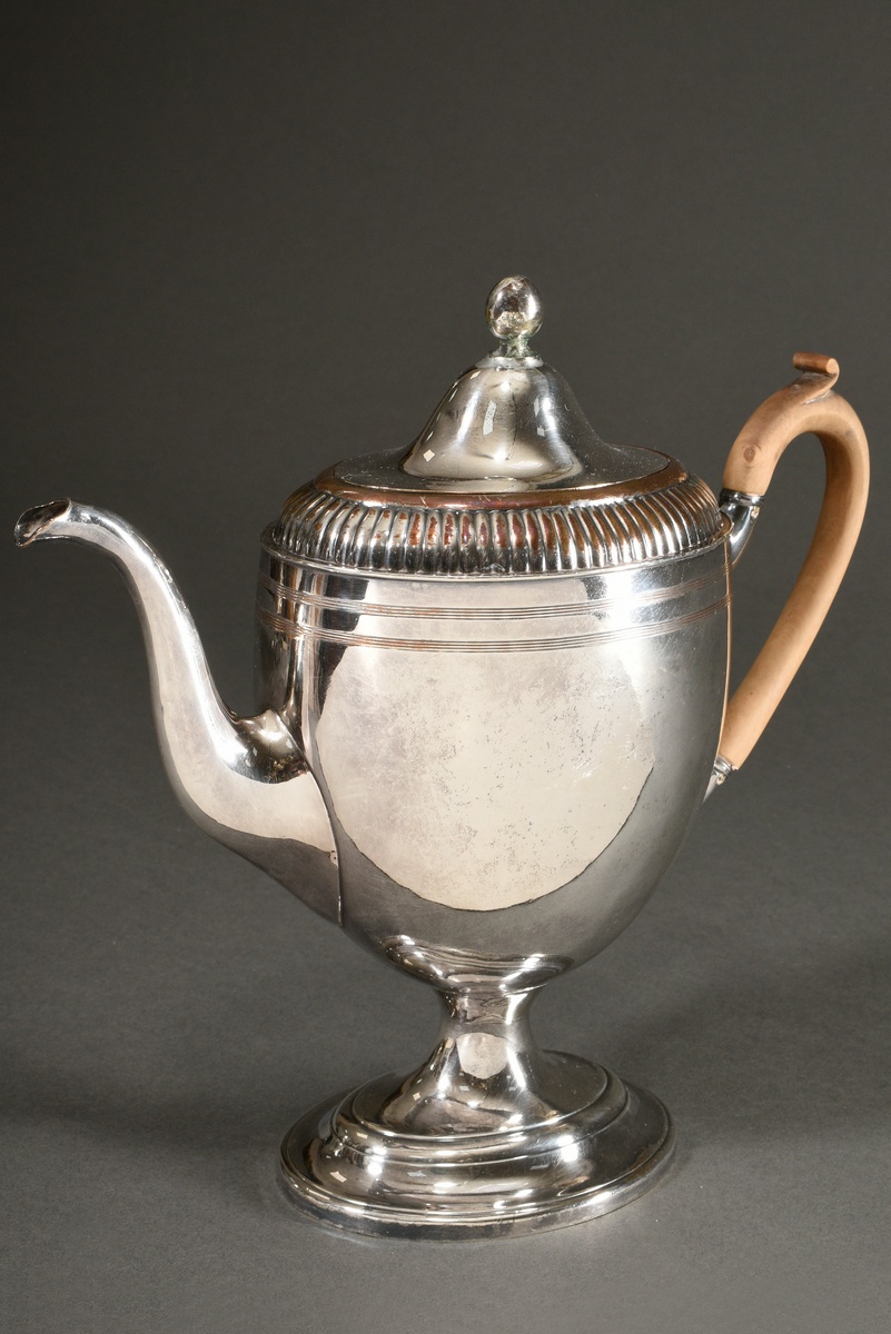 Oval silver-plated coffee pot with grooved shoulder and striped frieze on a high foot with light br