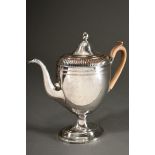 Oval silver-plated coffee pot with grooved shoulder and striped frieze on a high foot with light br