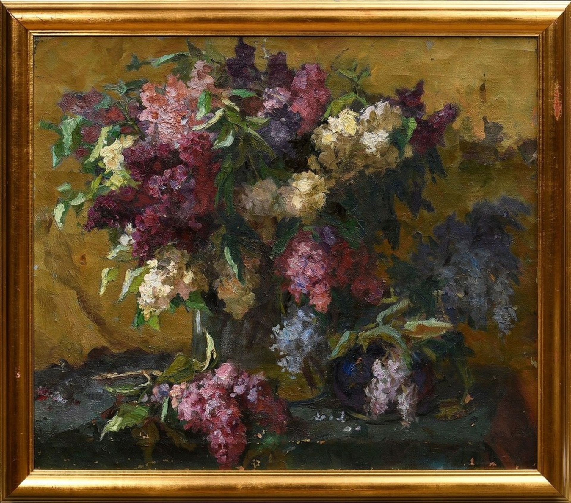 Akisina, Anna Ivanova (1910-1989) Floral still life "Lila" 1949, oil/canvas, verso sign./dat./titl. - Image 2 of 6