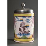 Cylindrical jug with eared handle, faience white glazed with polychrome hot fire painting ‘Ship and