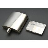 2 Miscellaneous pieces Art Deco: plain hip flask in curved form (11x9cm) and small cigarette case w