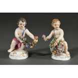 2 Meissen Figuren "Blumenkinder": Knabe mit Blütengirlande und Mädchen mit Blumenkorb auf Rocailles