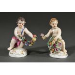 2 Meissen figures "Flower Children": boy with flower garland and girl with flower basket on rocaill