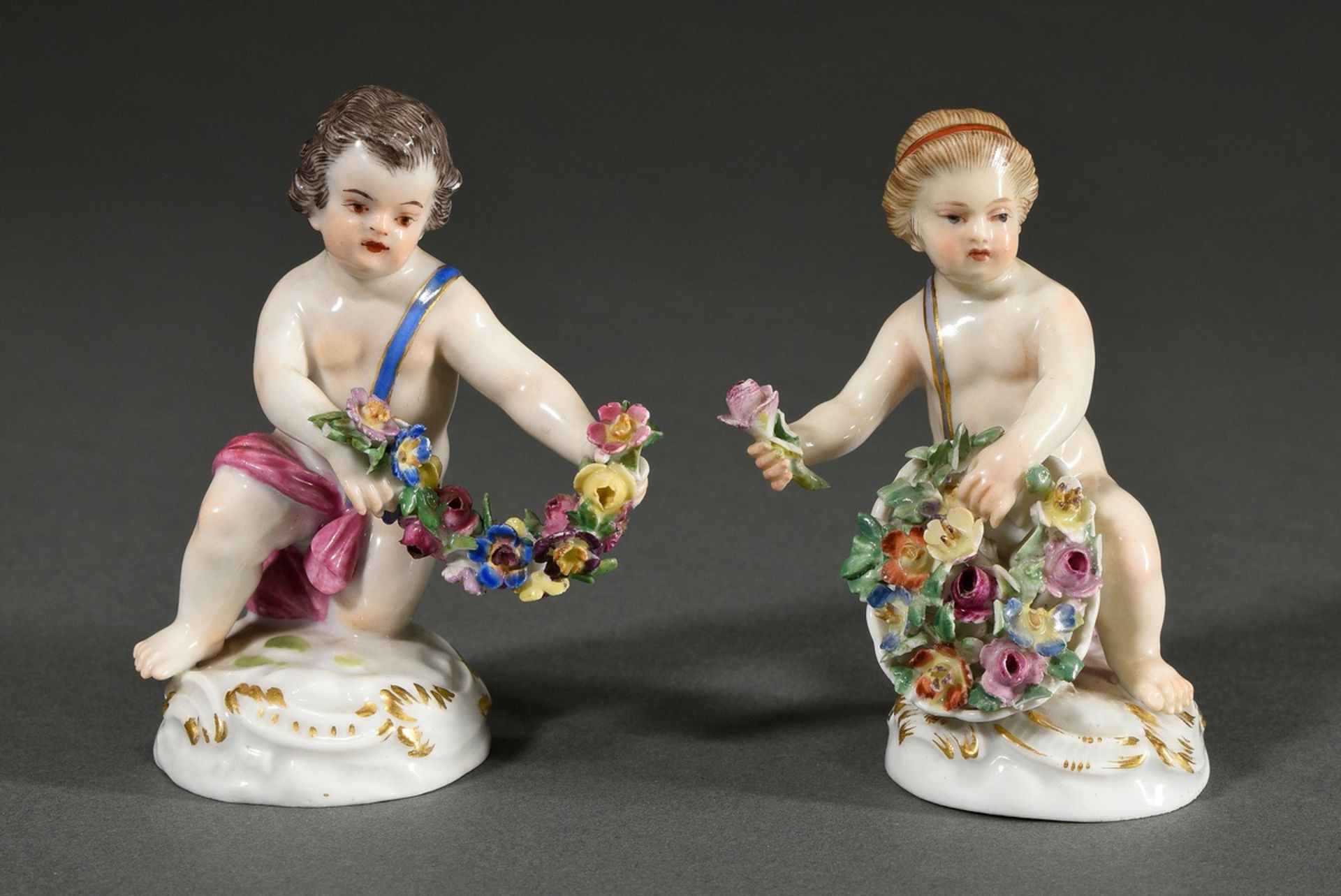 2 Meissen figures "Flower Children": boy with flower garland and girl with flower basket on rocaill