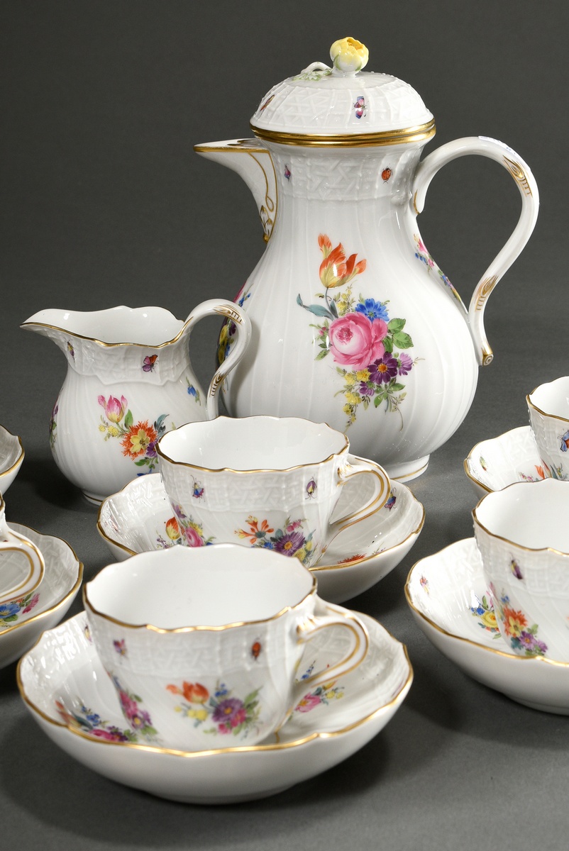 8 Pieces Meissen mocha service for 6 people, Brandenstein relief with polychrome flower painting, c