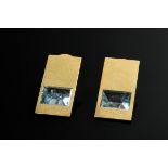 Pair of modern rectangular 750 yellow gold earrings with faceted aquamarines, Hilde Leiss, Hamburg,