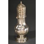 Baroque sugar shaker in baluster form with straight lines on a domed foot, cylindrical lid with orn