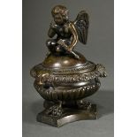 Bronze inkwell after a Renaissance model, fluted bowl with dog heads and lid with sculptural armour