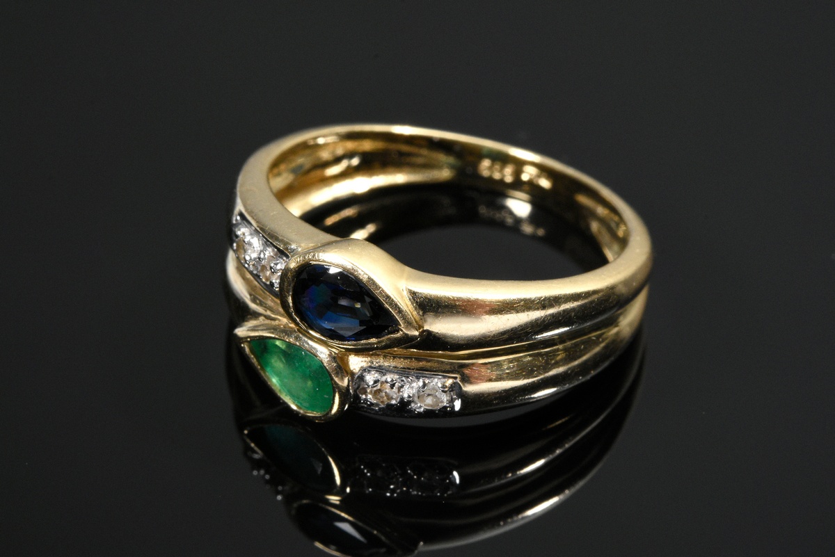 Modern yellow gold 585 ring with sapphire and emerald drops and small octagonal diamonds, 2.8g, siz - Image 2 of 3