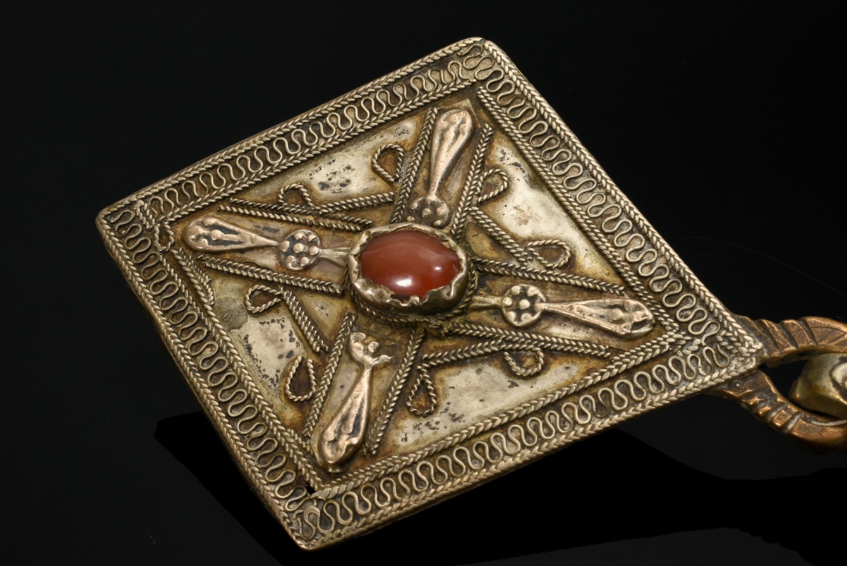 Saryk Turkmen belt buckle with richly soldered wire loops, bands and central carnelians on diamond- - Image 2 of 8