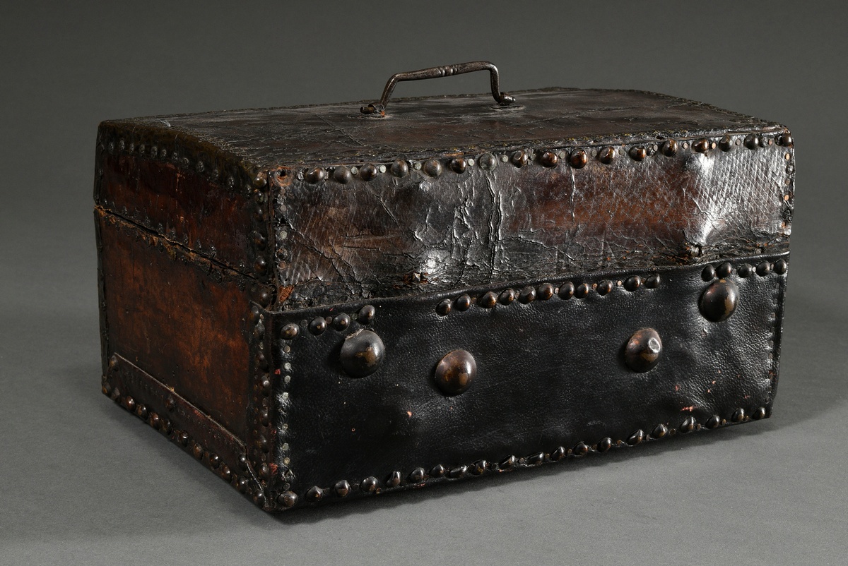 Antique leather casket with nailed decoration on the body and steel fittings, inside florally hallm - Image 5 of 14