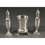 3 Various pieces: a pair of vase-shaped shakers with ornamental rim on the stand ring (silver 835, 