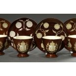 4 Rare Bunzlau bowls with plates and Saxon coat of arms, ovoid bowls over flared foot ring, frontal