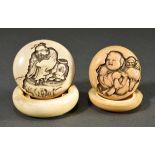 2 Various ivory manju netsuke with relief depictions, Japan, 2nd half 19th century: 1 "Karako with