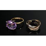 2 Various rings: 750 yellow gold ring with loose amethyst (approx. 12ct, 3.5g, size 57) and movable