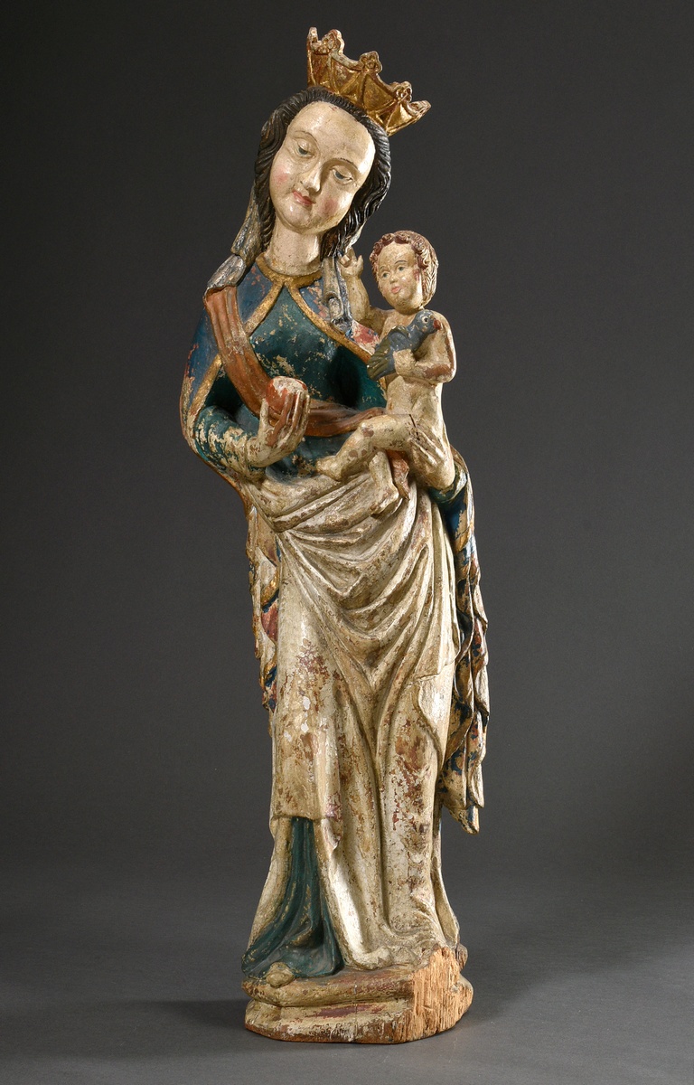 Rural "Madonna and Child" in late Gothic style, standing on an octagonal base, Madonna with crown a