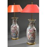 A pair of large Chinese porcelain vases with polychrome painting "Courtly and Battle Scene" on flor