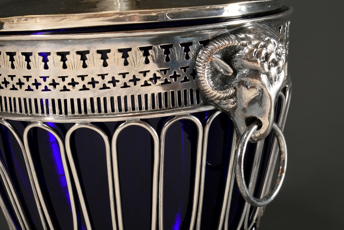 A pair of large silver-plated lidded vases with lattice bodies and sculptural trestle heads and blu - Image 4 of 8