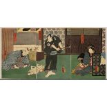 Utagawa Kunisada (1786-1865) "Beim Puppenmacher", coloured woodblock prints, triptych, sign. Toyoku