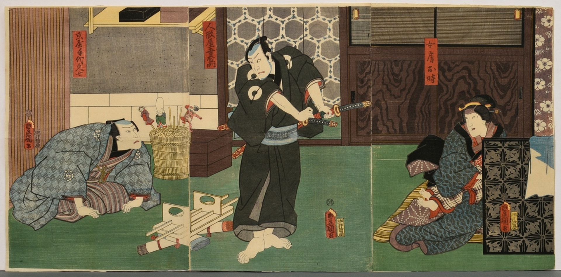 Utagawa Kunisada (1786-1865) "Beim Puppenmacher", Farbholzschnitte, Triptychon, sign. Toyokuni ga, 