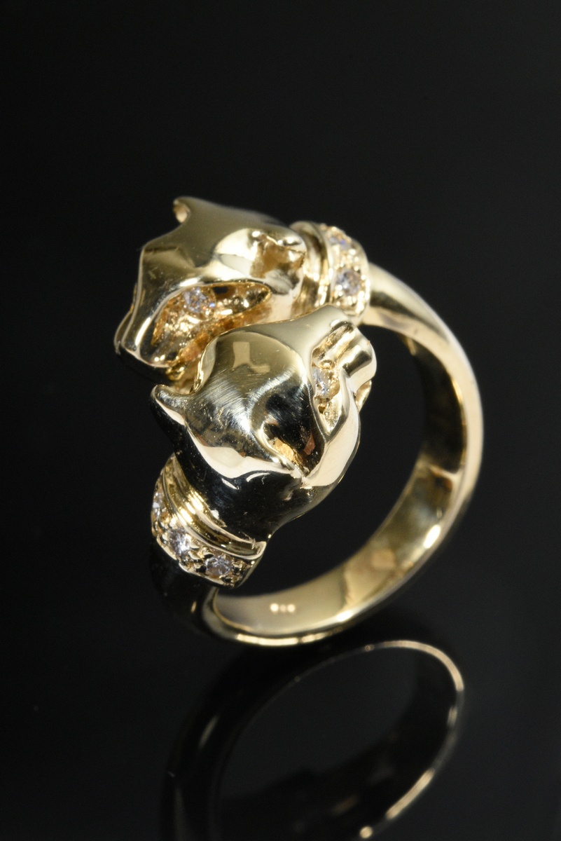 Yellow gold 585 ring made of 2 panther heads looking at each other with diamond eyes and collars (t - Image 2 of 4