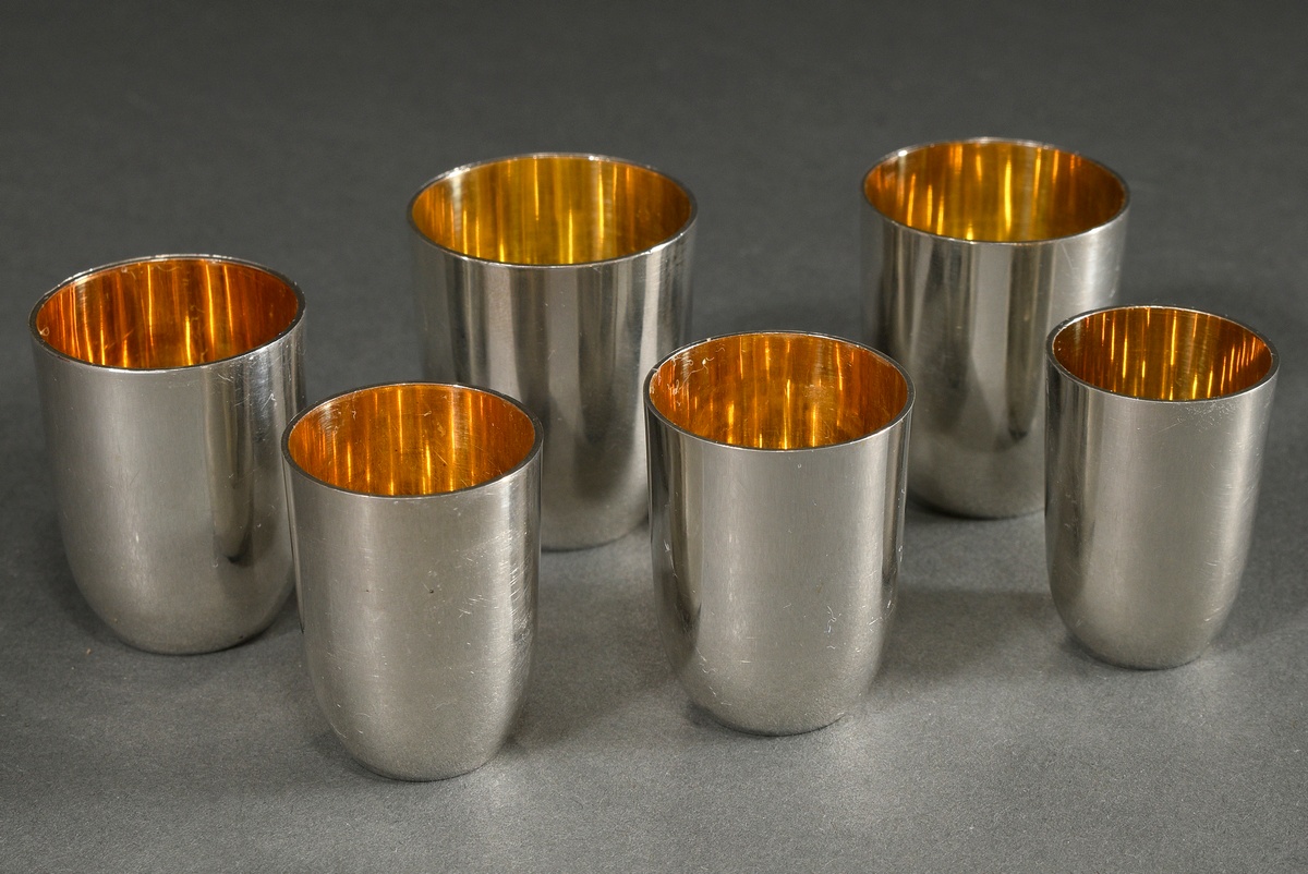 6 Matching Russian schnapps cups in brown leather case with blue velvet lining, MZ: JO, St. Petersb